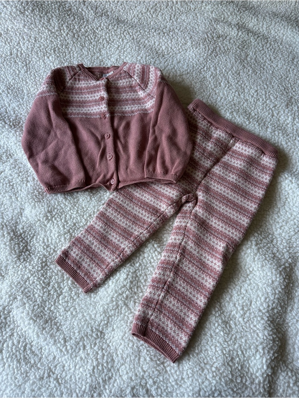 Baby Girl Pink & White Striped Knit Cardigan & Pants Set